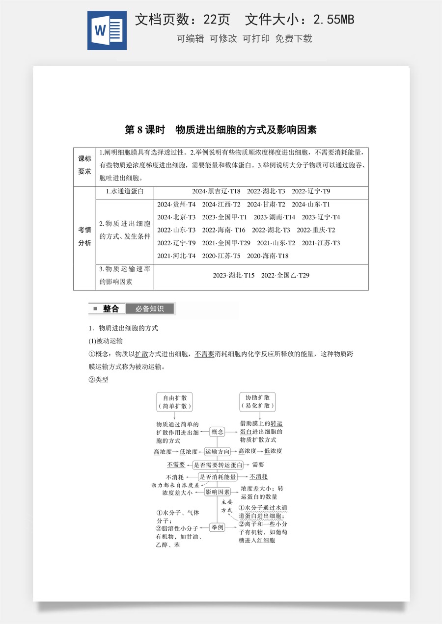 高中-高考总复习-生物-第二单元　第8课时　物质进出细胞的方式及影响因素.docx